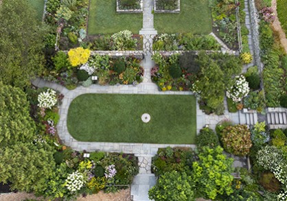 Aerial view of flower garden and walkways