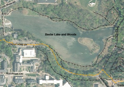 Aerial view of Beebe Lake and woods