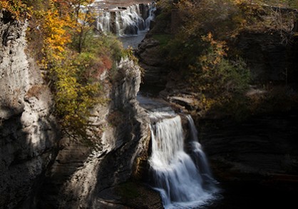 Beebe Lake, Dam, and Falls in autumn.